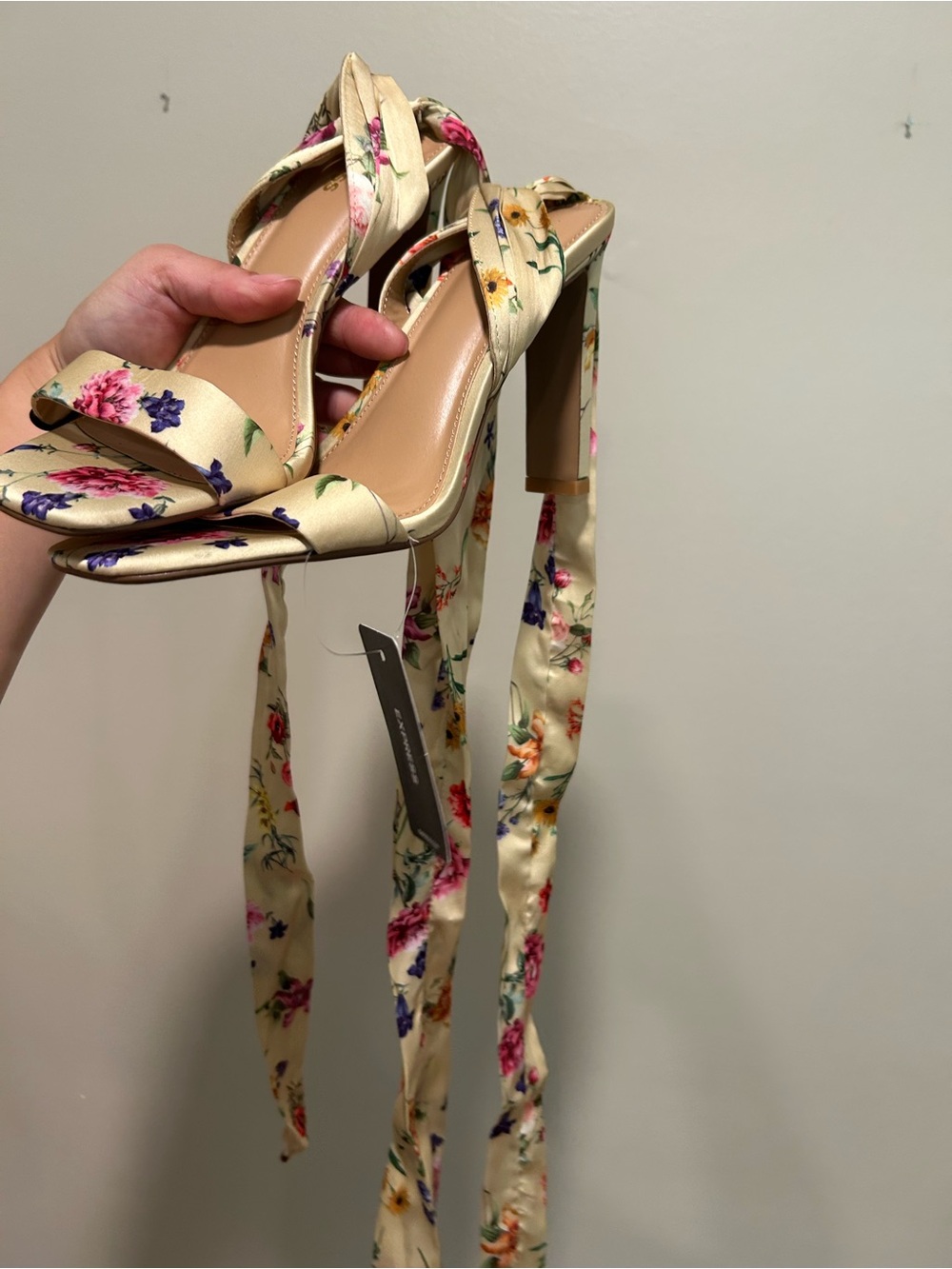 Express floral lace up square toe heels